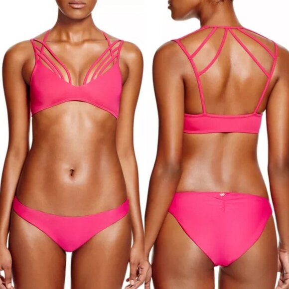 PilyQ Pink Dahlia Quinn Halter Bikini Top Pink Size D Caged Strappy Boho Swim - Picture 11 of 11